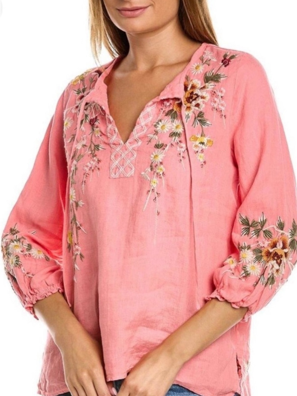 JOHNNY WAS Linen ACACIA peasant blouse top M